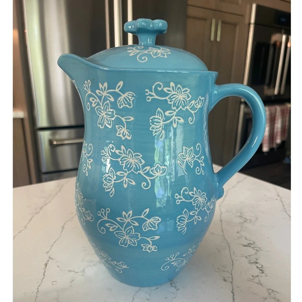Temp-tations Floral Lace 5pc Ceramic 2qt Pitcher and 16oz Tumbler Set Sky Blue